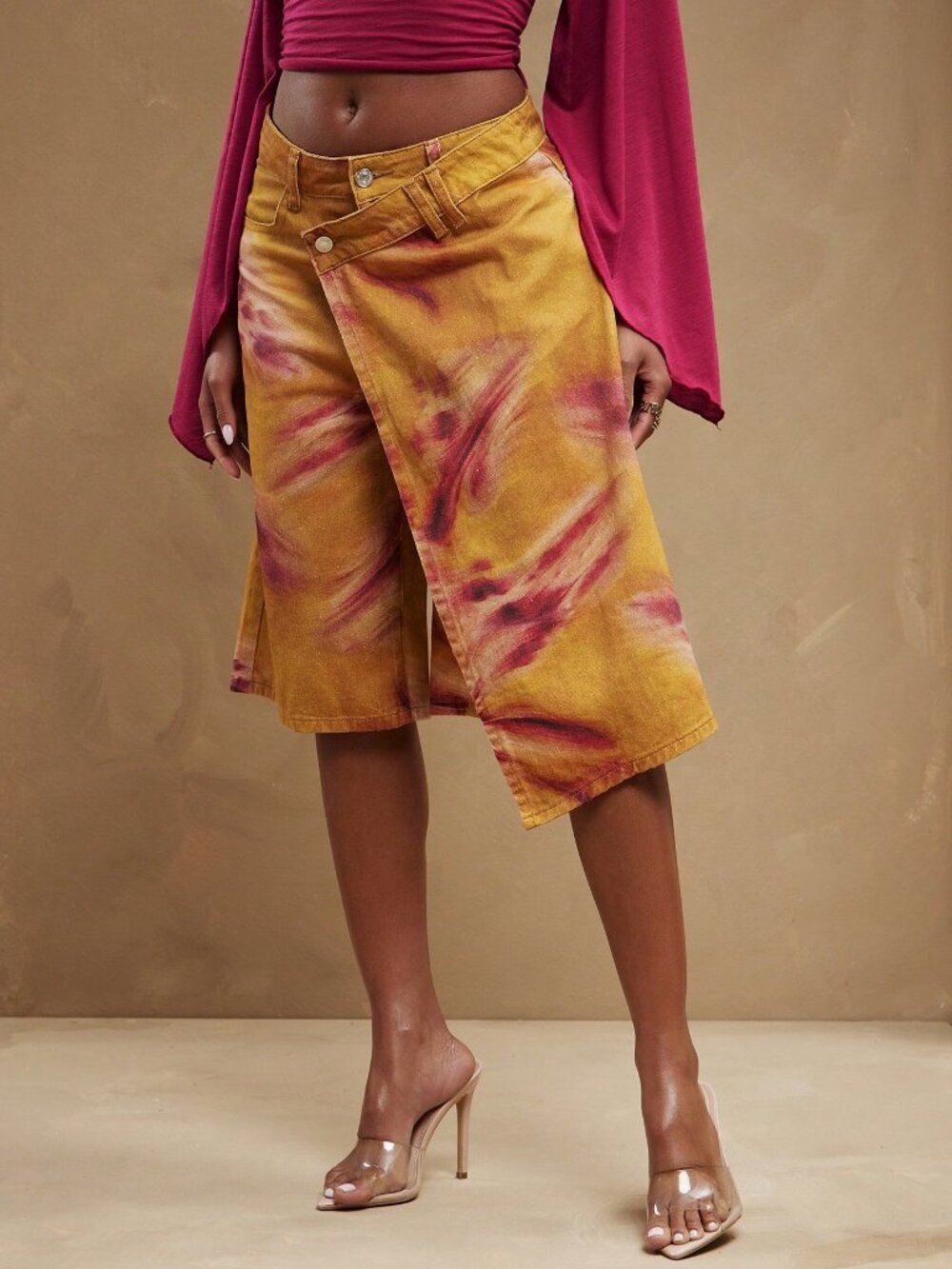 Multicolor Casual Women'sCrossover Tie Dye Skirt Loose Baggy Denim Shorts